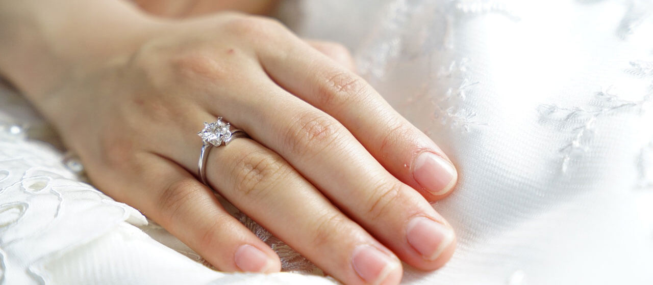 婚約指輪をつけている手の画像